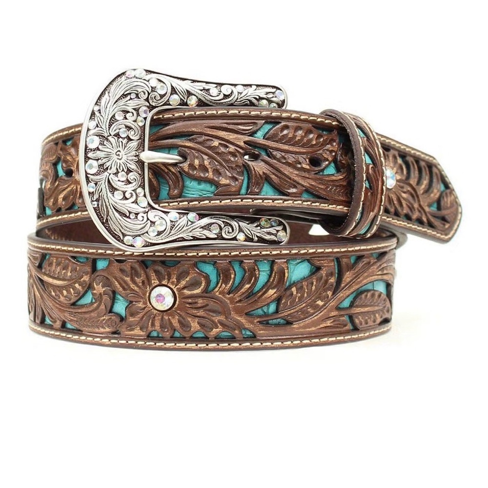 Ariat Brown Genuine Leather Belt with Silver Buckle and Swarovski Crystals - Picture 2 of 15